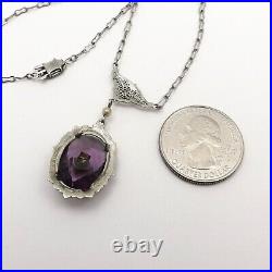 Art Deco Rhodium Plate Synthetic Amethyst Seed Pearl Dangle Pendant Necklace