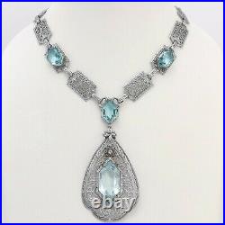 Art Deco Rhodium Plated Aquamarine Glass Filigree Teardrop Pendant Necklace 16in