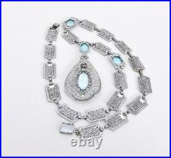 Art Deco Rhodium Plated Aquamarine Glass Filigree Teardrop Pendant Necklace 16in