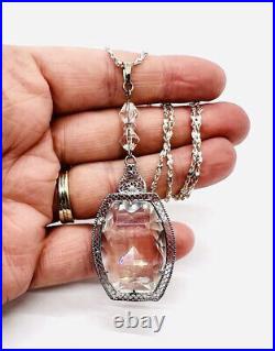 Art Deco Rhodium Plated Clear Faceted Glass Necklace Vintage Antique Jewelry