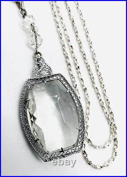 Art Deco Rhodium Plated Clear Faceted Glass Necklace Vintage Antique Jewelry