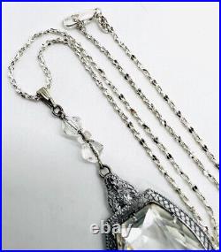 Art Deco Rhodium Plated Clear Faceted Glass Necklace Vintage Antique Jewelry