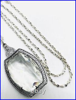 Art Deco Rhodium Plated Clear Faceted Glass Necklace Vintage Antique Jewelry