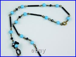 Art Deco Robin's Egg Blue & Black Czech Glass Beaded Necklace Glass Links! 24