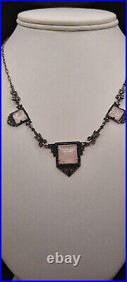 Art Deco Rose Crystal Sterling Silver. 925 Drop Necklace