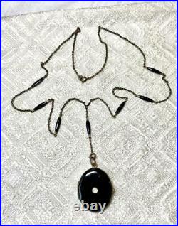 Art Deco Rose Cut Diamond Locket Necklace Black Enamel Sterling Silver