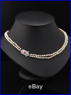 Art Deco Ruby And Diamond Double Strand Pearl Necklace