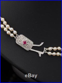 Art Deco Ruby And Diamond Double Strand Pearl Necklace