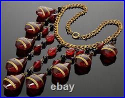 Art Deco Ruby Glass Cascade Necklace Signed Czechoslovakia C. 1920