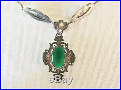 Art Deco STERLING Chrysopase Marcasite NECKLACE Germany Ca 1920s