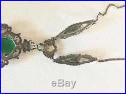 Art Deco STERLING Chrysopase Marcasite NECKLACE Germany Ca 1920s