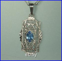Art Deco STERLING FILIGREE Necklace 1930s Blue Crystal 18.5 Paperclip Chain EX