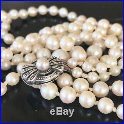 Art Deco, Saltwater Cultured graduated Pearl necklace on Silver engraved clasp