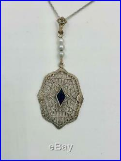 Art Deco Sapphire Pearl Pendant Necklace 14K White Gold Wedding Edwardian