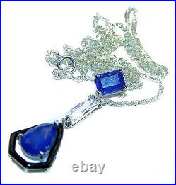 Art Deco Sapphire black enamel. 925 Sterling Silver handcrafted Necklace