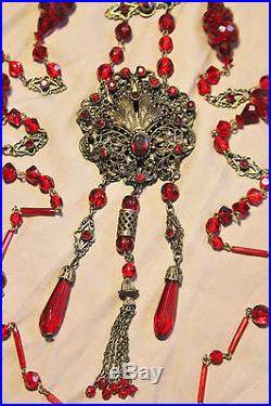 Art Deco Siam Red Czech Glass and Brass Filigree Sautoir Flapper Necklace