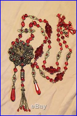 Art Deco Siam Red Czech Glass and Brass Filigree Sautoir Flapper Necklace