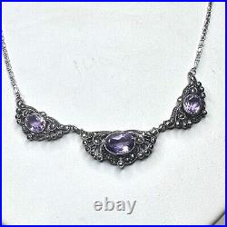 Art Deco Signed EHA Germany Sterling Silver Amethyst Marcasite Necklace