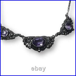 Art Deco Signed EHA Germany Sterling Silver Amethyst Marcasite Necklace