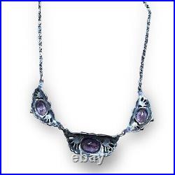 Art Deco Signed EHA Germany Sterling Silver Amethyst Marcasite Necklace