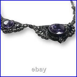 Art Deco Signed EHA Germany Sterling Silver Amethyst Marcasite Necklace