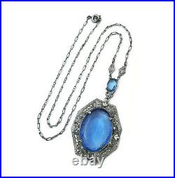 Art Deco Silver Filigree Pendant Necklace, Sapphire Blue Glass, 1920s 1930s
