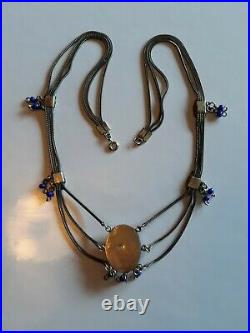 Art Deco Silver Plate Festoon Blue Necklace