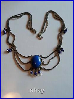 Art Deco Silver Plate Festoon Blue Necklace