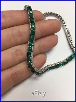 Art Deco Silver Tone Emerald Colored Paste Line Necklace