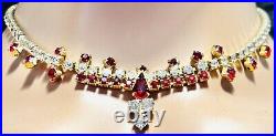 Art Deco Sparkling Ruby Red & Icy White Rhinestone Choker Necklace Gold Tone 16