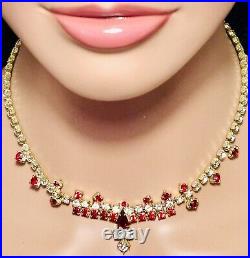 Art Deco Sparkling Ruby Red & Icy White Rhinestone Choker Necklace Gold Tone 16