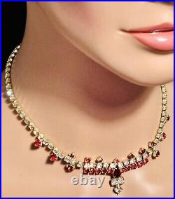 Art Deco Sparkling Ruby Red & Icy White Rhinestone Choker Necklace Gold Tone 16