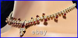 Art Deco Sparkling Ruby Red & Icy White Rhinestone Choker Necklace Gold Tone 16