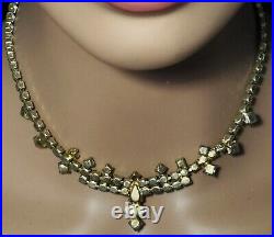 Art Deco Sparkling Ruby Red & Icy White Rhinestone Choker Necklace Gold Tone 16