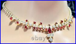 Art Deco Sparkling Ruby Red & Icy White Rhinestone Choker Necklace Gold Tone 16