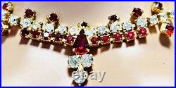 Art Deco Sparkling Ruby Red & Icy White Rhinestone Choker Necklace Gold Tone 16