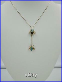 Art Deco Spider and Fly Pendant Necklace Blue Topaz Gold Victorian Insect RARE