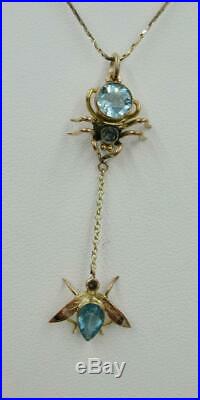 Art Deco Spider and Fly Pendant Necklace Blue Topaz Gold Victorian Insect RARE