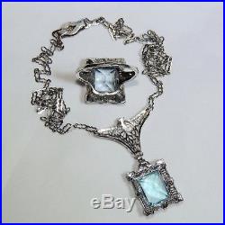 Art Deco Sterling Filigree Pendant & Ring, Blue Stone, Paper Clip Chain Necklace