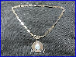 Art Deco Sterling/Guilloche Rose Enamel Locket Flat Wove Links Chain Necklace 18