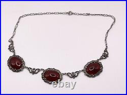 Art Deco Sterling Silver Antique Marcasite & Carnelian Necklace c. 1930s