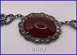 Art Deco Sterling Silver Antique Marcasite & Carnelian Necklace c. 1930s