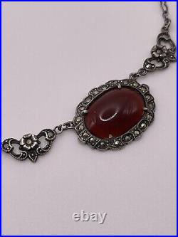 Art Deco Sterling Silver Antique Marcasite & Carnelian Necklace c. 1930s