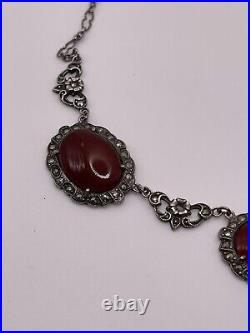 Art Deco Sterling Silver Antique Marcasite & Carnelian Necklace c. 1930s