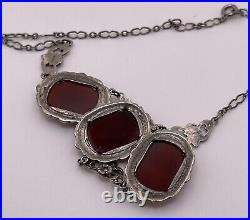 Art Deco Sterling Silver Antique Marcasite & Carnelian Necklace c. 1930s