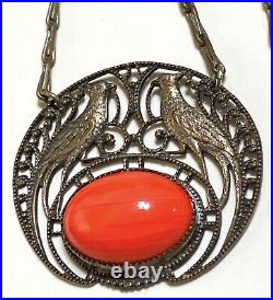 Art Deco Sterling Silver Bird Of Paradise Coral Lavaliere Pendant Necklace L1