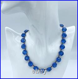 Art Deco Sterling Silver Blue Crystal Open-Back Necklace 15