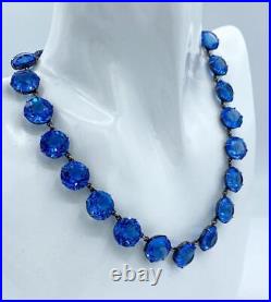 Art Deco Sterling Silver Blue Crystal Open-Back Necklace 15