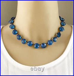 Art Deco Sterling Silver Blue Crystal Open-Back Necklace 15