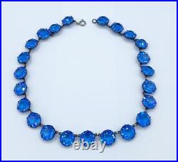 Art Deco Sterling Silver Blue Crystal Open-Back Necklace 15